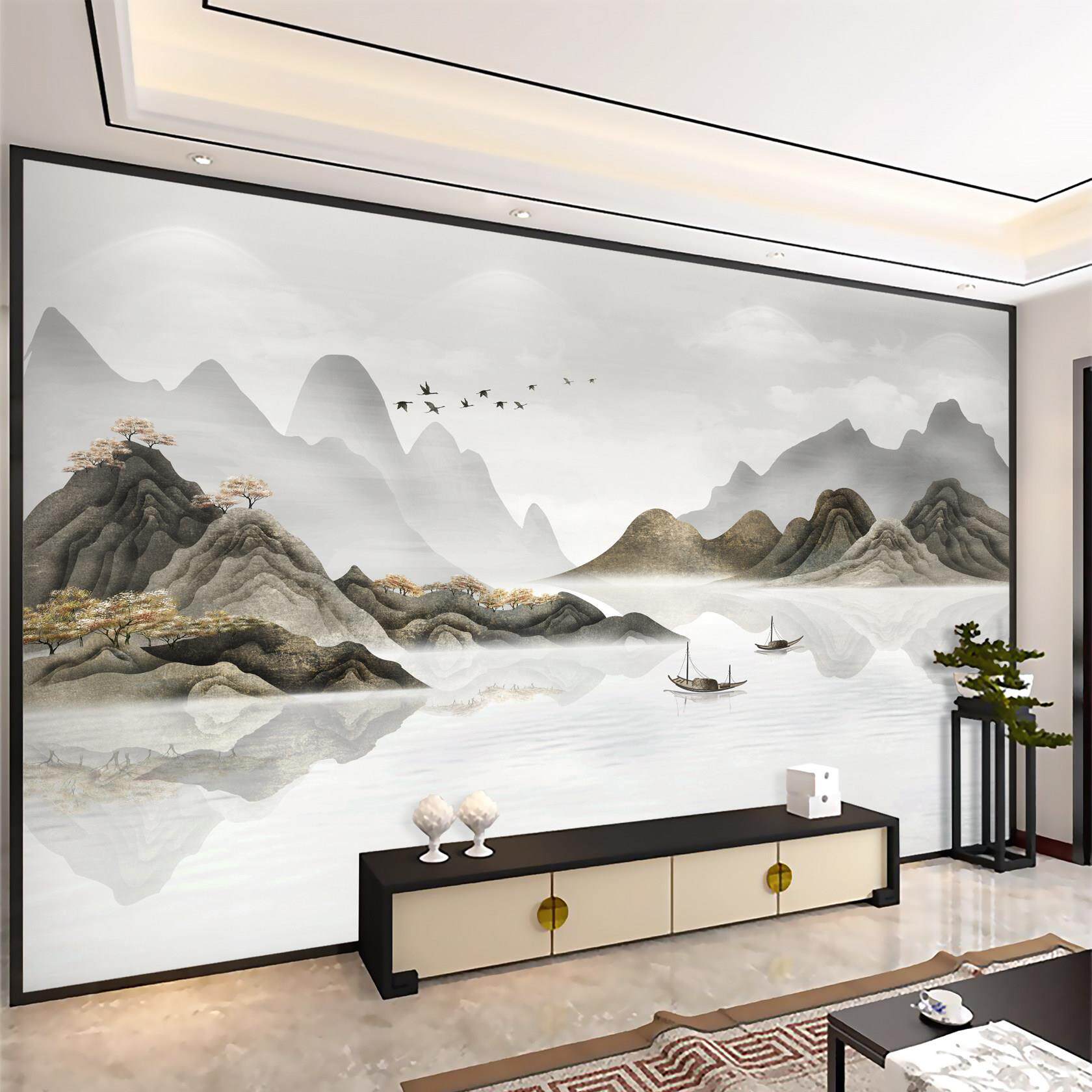定制壁布新中式电视背景墙壁纸水墨山水壁画 画3d立体客厅影视墙