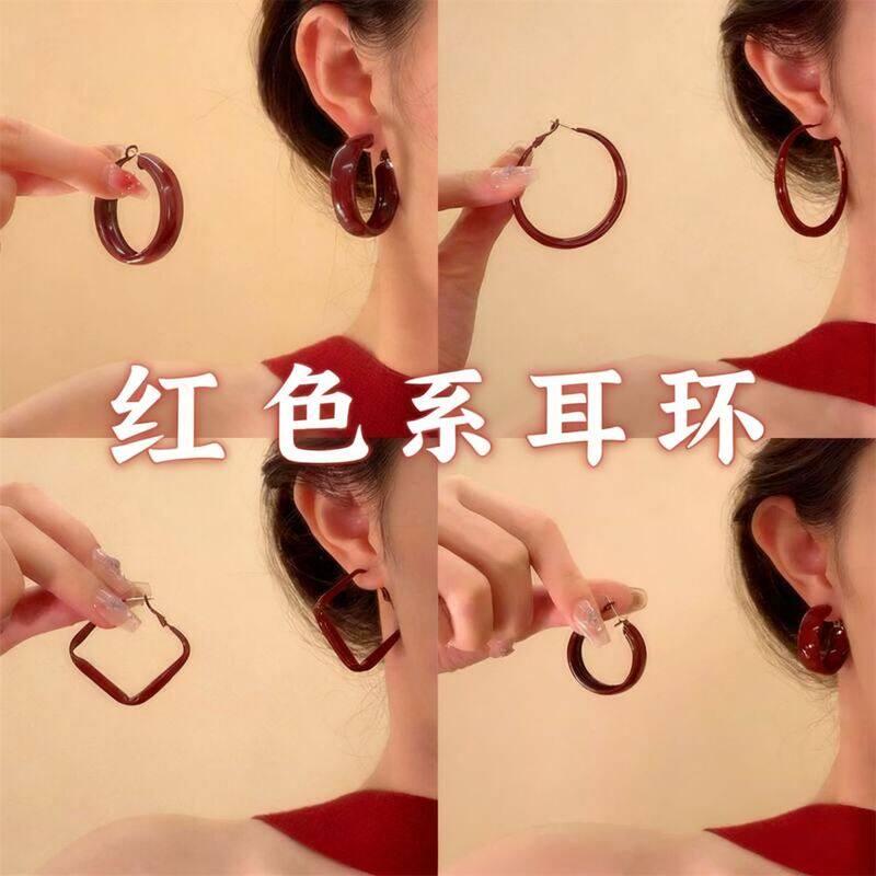 复古银针小众红色时尚耳环安可拉耳圈高级感耳饰圆形百搭批发耳钉