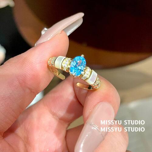 戒指时尚海盐戒苏打简约！贝母蓝色锆石手饰女开口高级感食指轻奢