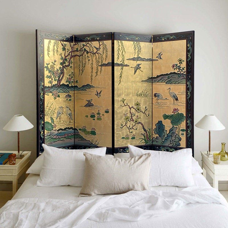 金箔复古雕花木质折叠屏风隔断