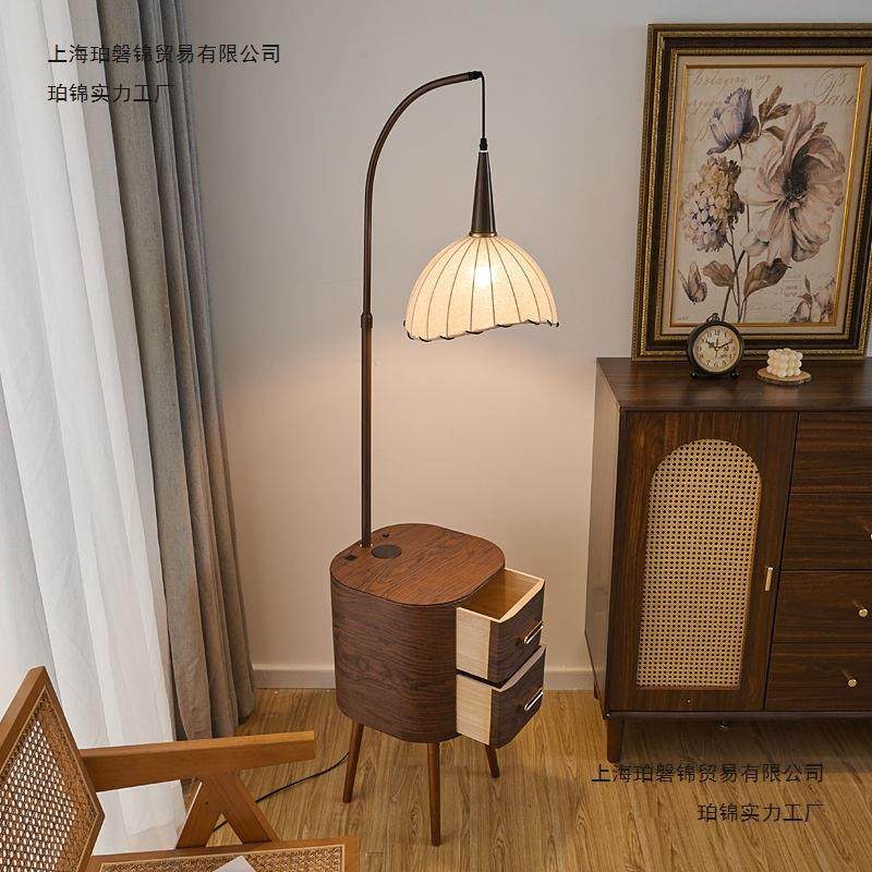 抽屉落地灯美式复古风客厅沙发旁茶几灯卧室床头柜一体高级落地灯