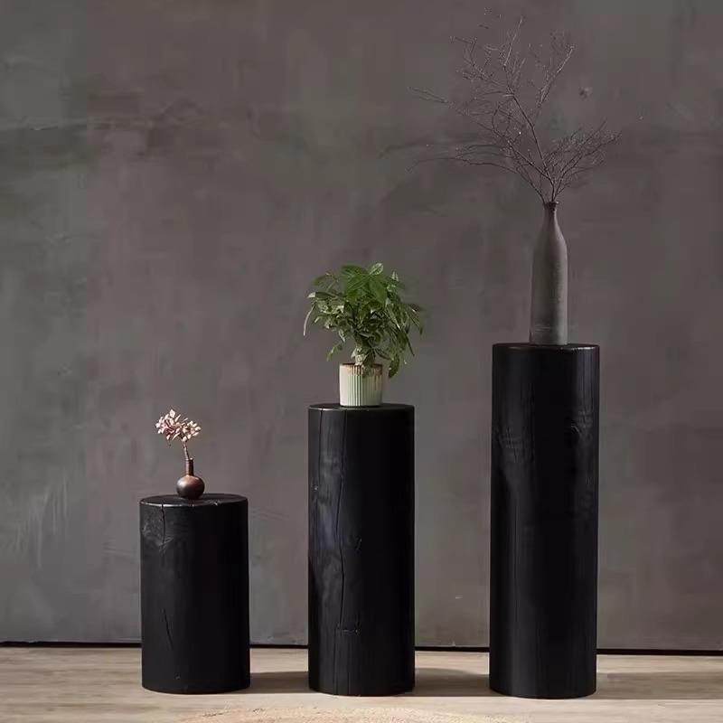 诧寂风碳化木墩现代简约家用黑色圆形柱子实木沙发边几木桩小茶几