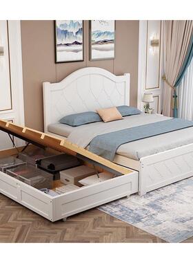 实木床现代简约1.5白色气压高箱储物儿童床双层子母床带抽拉拖床