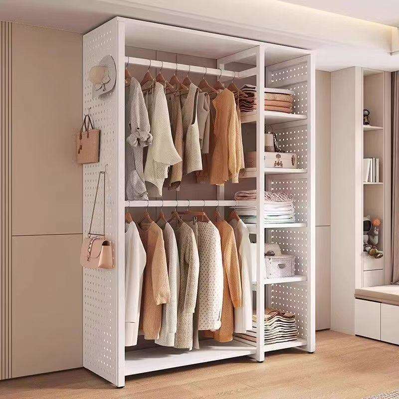 简易洞洞板挂衣架卧室金属落地挂衣架衣帽间组装家用收纳简易衣柜
