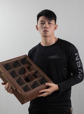 UG73黑胡桃木收纳盒分格12格分类木盒子玻璃盖翻盖式燕尾榫结构储