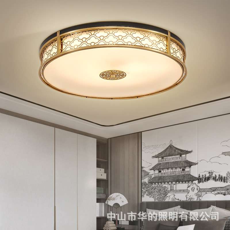 新中式全铜吸顶灯圆形卧室灯中国风餐厅led灯具古典书房茶室铜灯