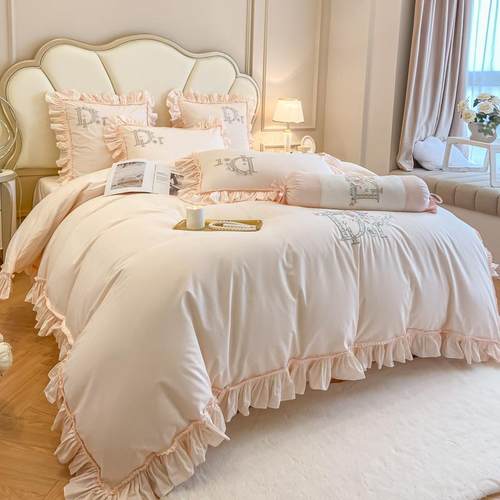 A6L法式少女心120支纯棉裸睡水洗棉四件套超柔可爱花边被套床