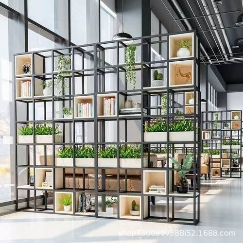 美式铁艺置物架落地办公室屏风隔断展示架客厅实木书架轻奢展示柜