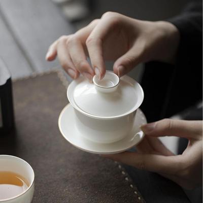 直销白几陶瓷白瓷天使白曼陀盖碗三件套茶具盖碗可制定可