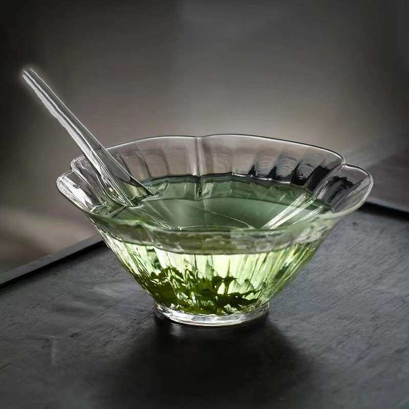 日式玻璃泡茶碗茶勺套装绿茶专用创意泡茶器斗笠碗花瓣碗茶具配件