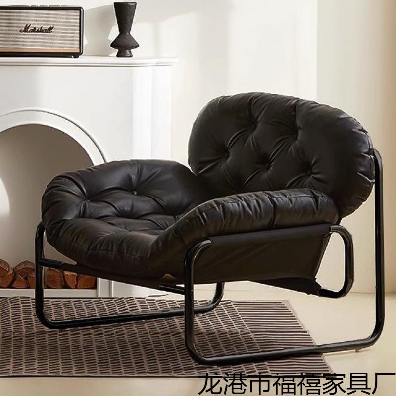 单人沙发椅北欧风客厅阳台铁艺沙发中古风纯抓皮午休铁艺沙