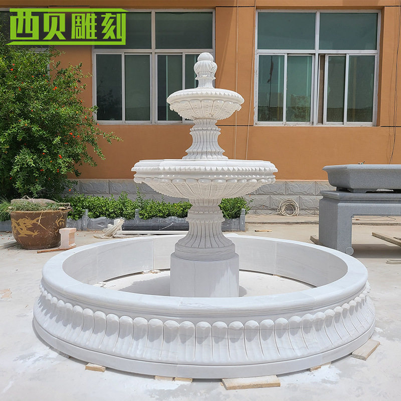 石雕流水水钵自然汉白玉大理石喷泉石材简约雕花水景喷泉