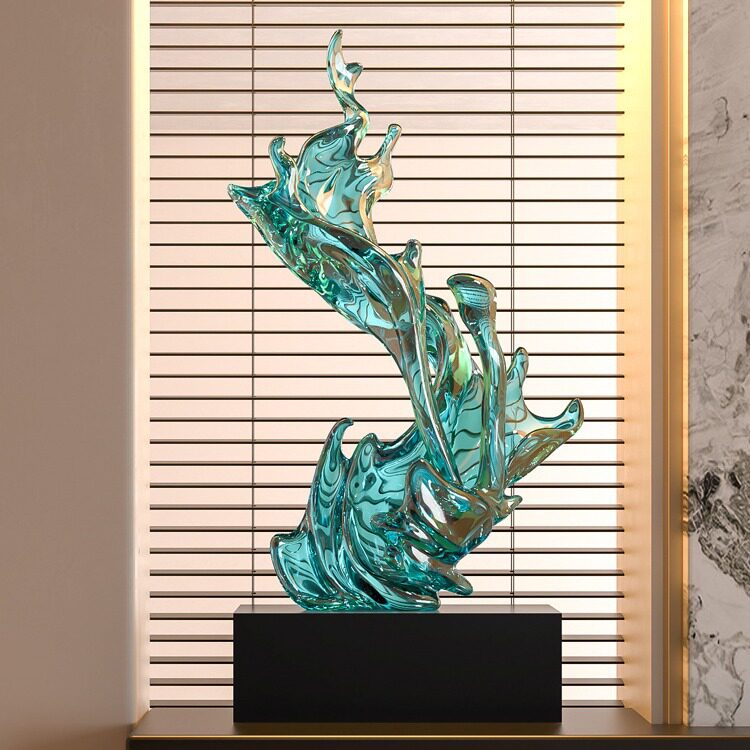 艺贝子透明浪花雕塑现代玄关风生水起摆件轻奢高档招财客厅装饰品