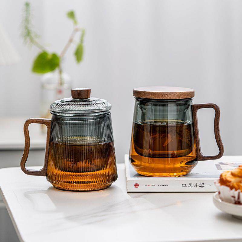 透黑玻璃墨合三件杯带木盖茶水分离泡茶杯侧木把竖纹玻璃青衫杯