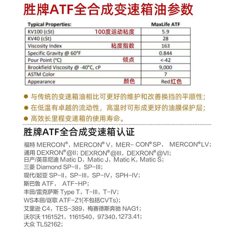 全合成自动变速箱油ATF波箱油4速5速6速7速8速9速at自动挡油
