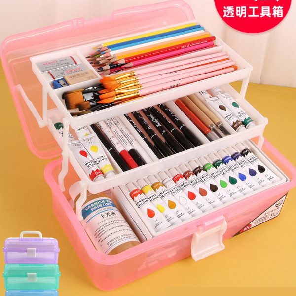塑料画箱多功能半透明文具整理盒画笔收纳油画颜料盒手提工具箱