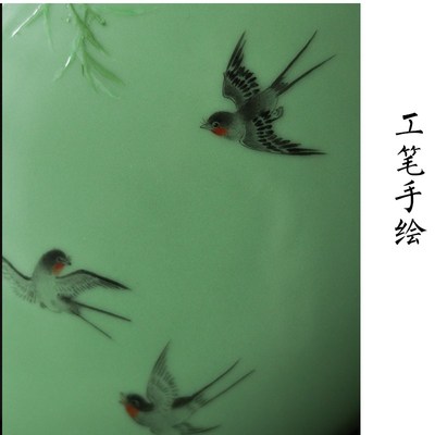 似曾相识燕归来 景德镇手绘梅青釉色杨柳燕子储茶罐