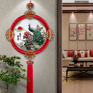 中国结客厅电视柜两边挂件墙上格栅装饰高级感花开富贵背景墙挂画
