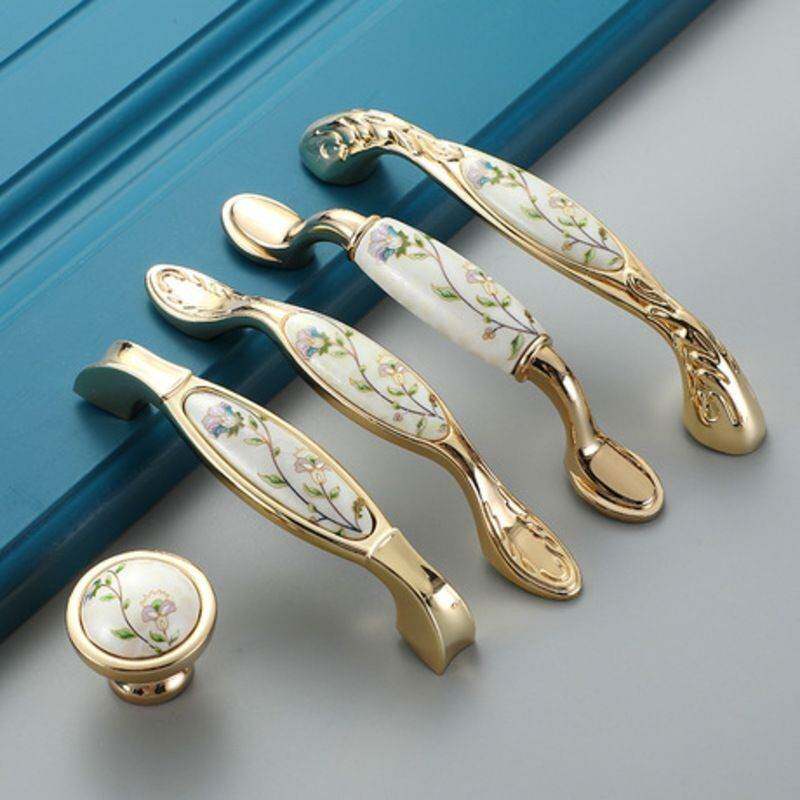 新中式金色花纹古典柜子壁橱陶瓷拉手床头柜抽屉衣橱柜门把手