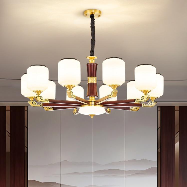 新中式吊灯客厅灯2024年新款高端全铜简约大气别墅复式楼实木灯具