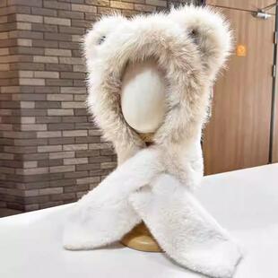 可爱小熊耳朵毛绒帽围巾一体秋冬骑行防寒防风保暖护耳雷锋帽子女