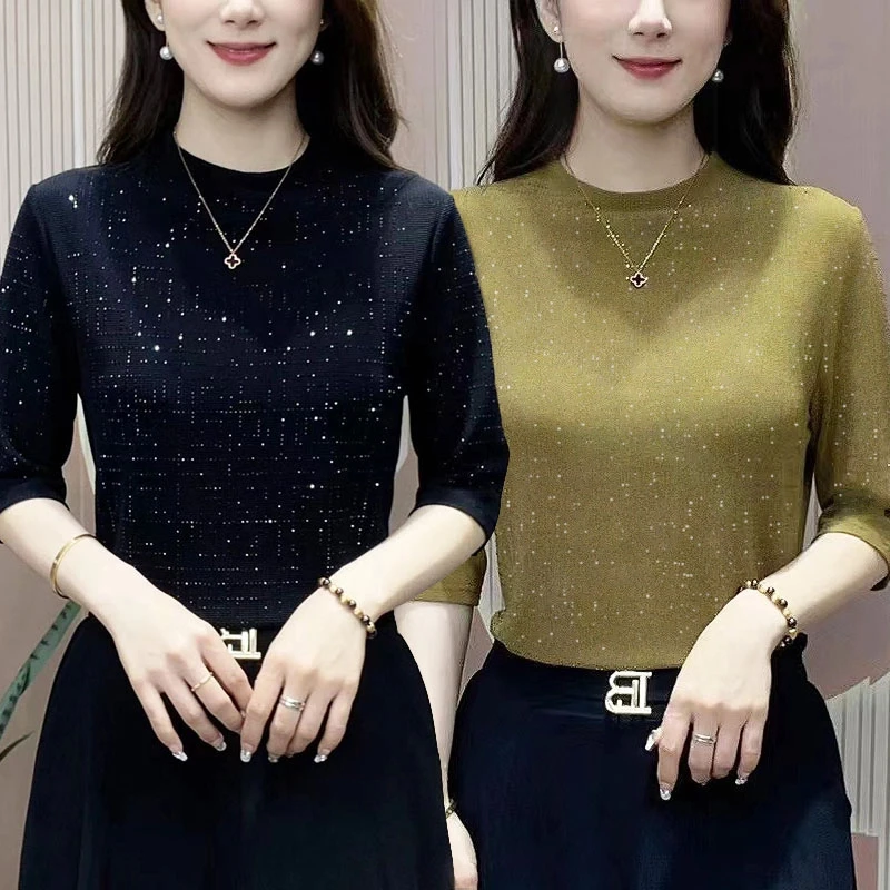 【下单立减50元】拍一发二烫钻上衣女秋冬新款圆领妈妈装百搭时尚