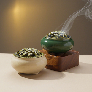 陶瓷香炉香薰古铜盖家居客厅办公室桌面茶道瑜伽水晶能量净化摆件