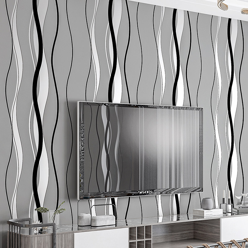 曲线波浪竖条纹墙纸现代简约3d立体无纺布卧室客厅电视背景墙壁纸