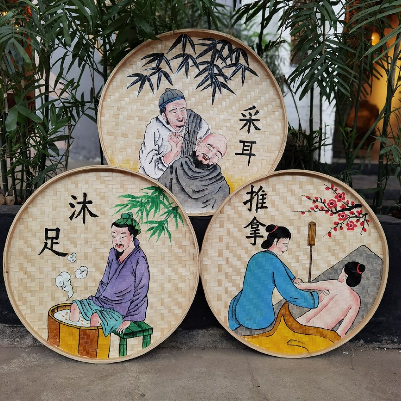 采耳掏耳美容手绘簸箕画墙面背景装饰挂件竹筛竹编壁挂农家乐墙饰