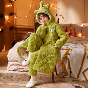 秋冬季三层夹棉睡袍女款珊瑚绒加厚加绒M连帽可外穿家居服套装