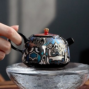 金银错茶壶鎏银功夫茶具泡茶壶陶瓷泡茶器便携壶家用描金轻奢盖碗