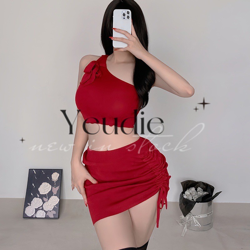 情趣内衣性感夜店女王御姐风斜肩上衣抽绳包臀裙辣妹毛衣套装
