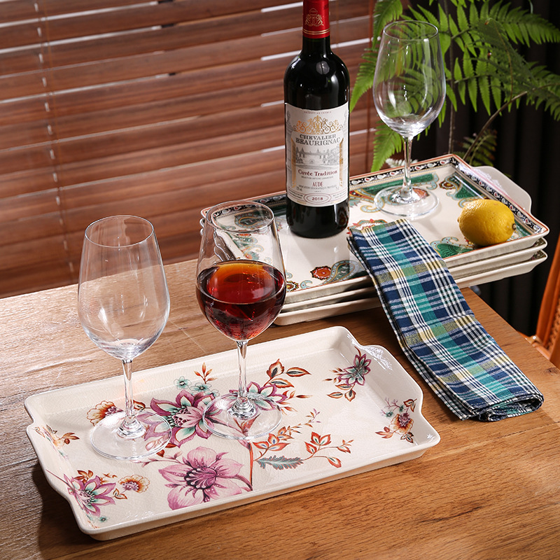 简约美式陶瓷托盘长方形茶盘家用果盘欧式复古茶杯茶壶水具收纳盘