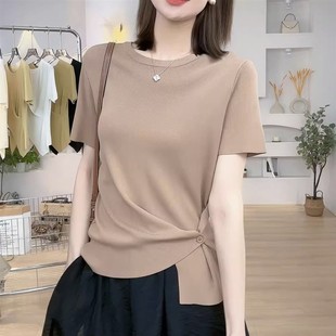 t恤女夏季 2025新款 冰丝短袖 薄款 体恤上衣 宽松显瘦针织衫 正肩半袖