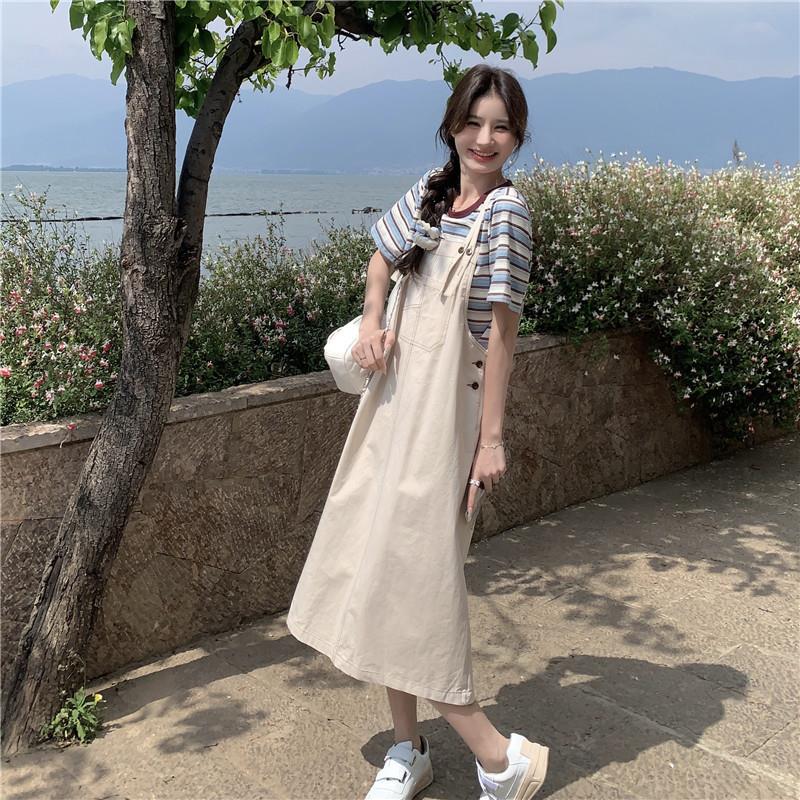 多巴胺学院风牛仔背带裤T恤套装女夏2025小个子工装设计感两件套