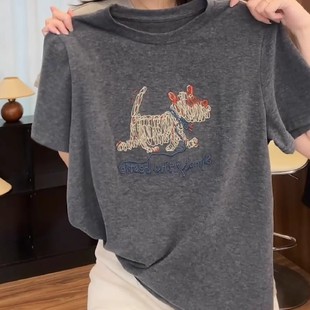 灰色百搭上衣潮 韩系时尚 简约线条小狗印花短袖 t恤女2025夏季 新款