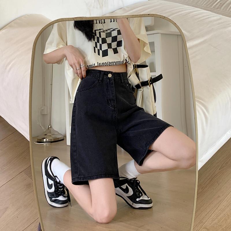 黑色五分牛仔裤女夏季新款胖妹妹mm显瘦短裤大码高腰宽松直筒中裤