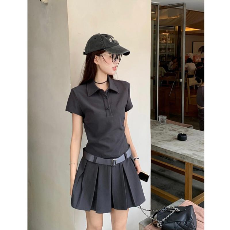 美式灰色polo领短袖t恤连衣裙夏季女小个子修身显瘦A字百褶裙短裙