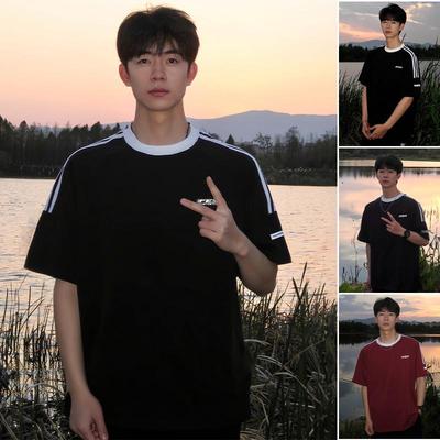 短袖T恤男夏季新款纯棉重磅男款上衣夏日穿搭三条杠半袖衣服男生