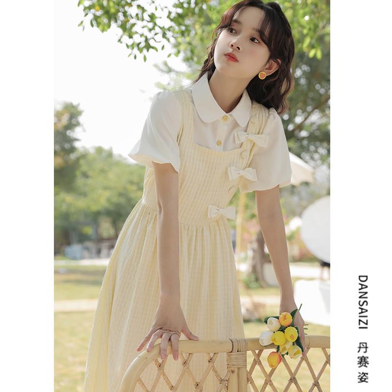 初高中学生学院风连衣裙少女装夏季2025新款法式小个子假两件长裙