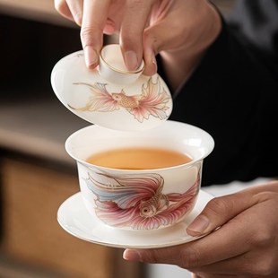 羊脂玉三才盖碗白瓷单个薄胎泡茶碗可悬停浮盖子陶瓷悬浮功夫茶具