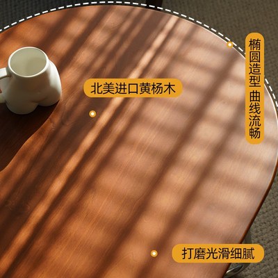 复古风北欧轻奢茶几椭圆形日式不锈钢简约实木茶桌中古小户型家具