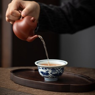 永乐复古青花瓷手工茶杯压手杯大号陶瓷品茗杯单个茶碗主人杯茶盏