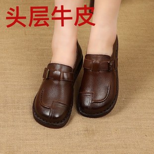 手工真皮单鞋 N牛筋软底舒适妈妈皮 女超软圆头平底全牛皮25年春季
