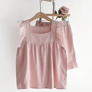 家居服套 宽松吊带背心短裤 荷叶边格子睡衣女士夏季 纯棉纱布B薄款