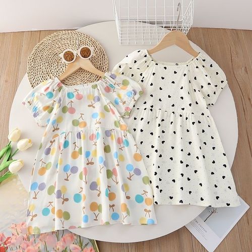 女童棉绸连衣裙儿童时尚欧若风泡泡E袖裙子女孩洋气飞袖碎花长裙