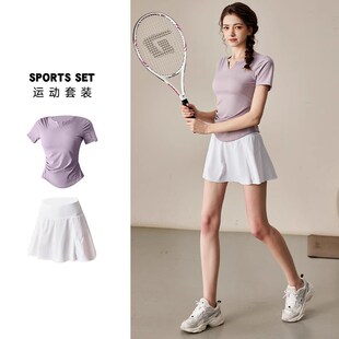 高级感瑜伽服套装女紧修身运动短袖T恤夏跑步普拉Y提训练百褶裙