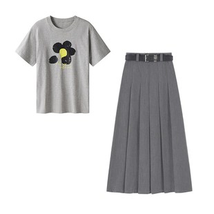 2326 设计t感印花T恤高腰百褶长裙子两件套装 夏季 穿搭一整套女新款