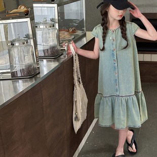 女孩短袖 韩国童装 新款 裙2I025夏装 裙 女童牛仔连衣裙儿童宽松薄款