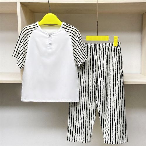 手工定做棉绸亲子装m儿童睡衣拼色条纹家居服前开两扣短袖长裤套